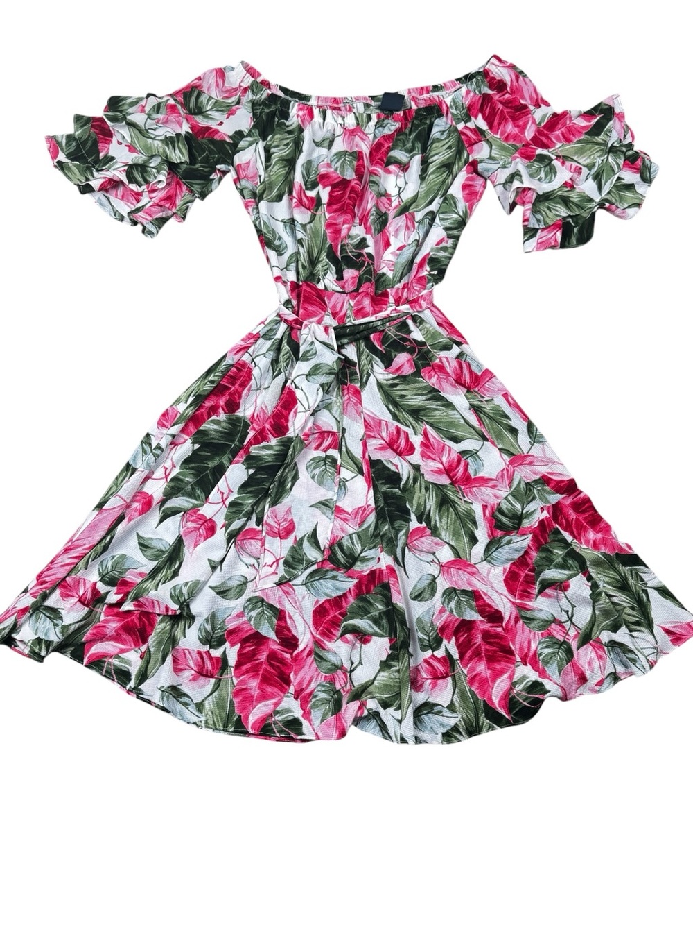 Gabby Skye Floral Ruffle White Pink Green Belted Dress Size 16 Spring Summer